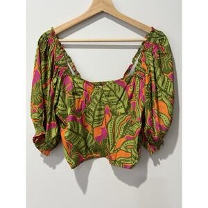 NWT Rose Olive Pink Orange Y2K Babydoll Cropped Top Tropical Print Womens Large